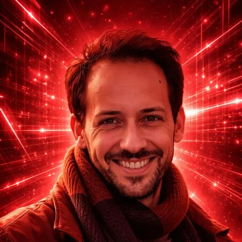 Mauricio, AkiByte SEO und Automatisierungs-Experte im roten Neonlicht mit futuristischem Hintergrund