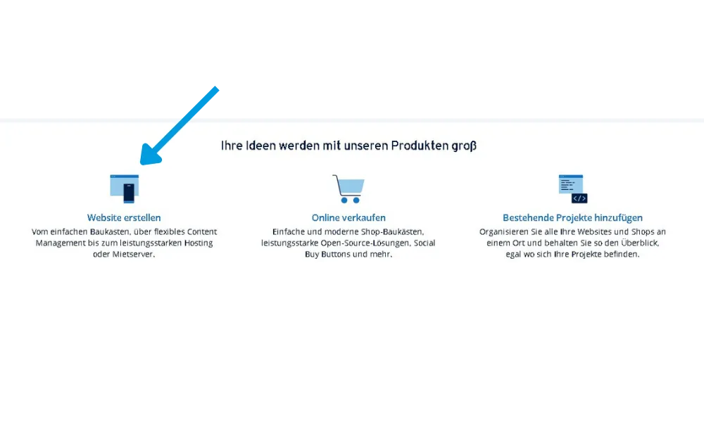 IONOS Seite mit der Option „Website erstellen“, um eine neue Website anzulegen oder ein CMS wie WordPress zu installieren