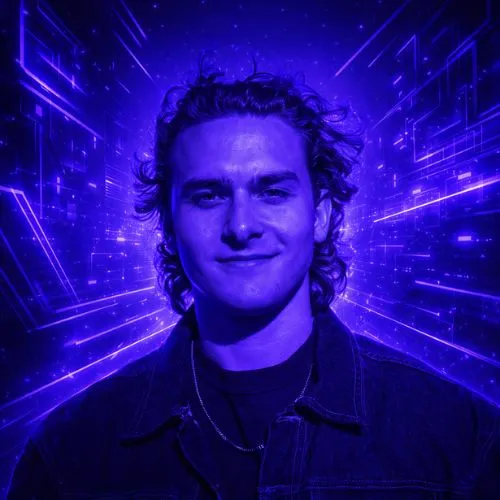 Phillip, AkiByte Sales Experte im blauen Neonlicht vor digitalem futuristischem Hintergrund