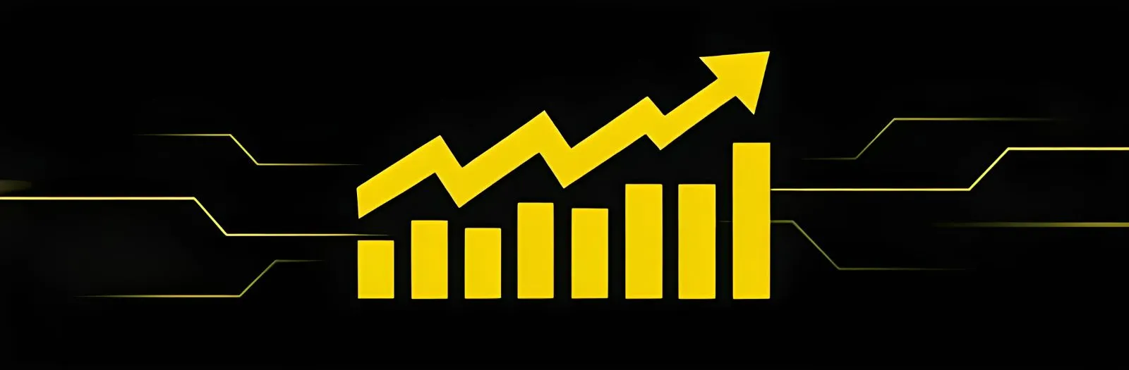 Gelbes aufwärts gerichtetes Diagrammsymbol auf schwarzem Hintergrund, das SEO-Wachstum, Sichtbarkeit und Leistungssteigerung symbolisiert