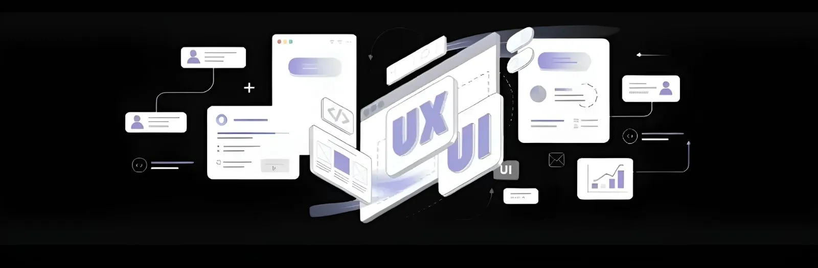 Isometrische Benutzeroberfläche mit UX- und UI-Panels, Wireframes, Code und Schaltern auf dunklem Hintergrund – Darstellung modernen Interface-Designs