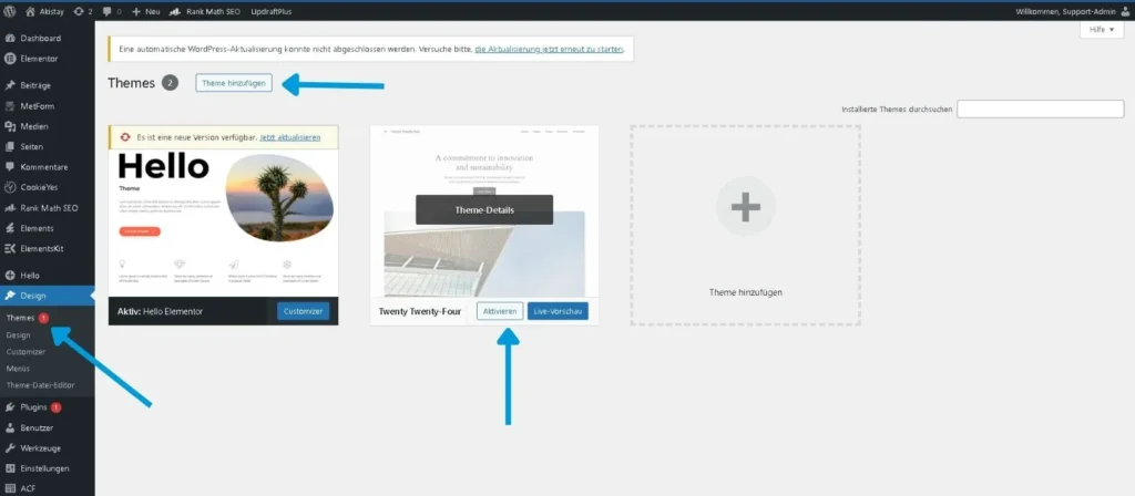 wordpress website erstellen – WordPress Theme im Dashboard unter Design und Themes installieren
