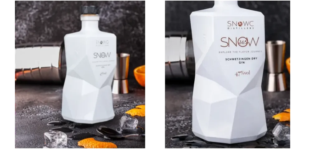 Vorher-Nachher-Vergleich einer weißen Ginflasche mit verbesserter Bildqualität durch KI-Optimierung