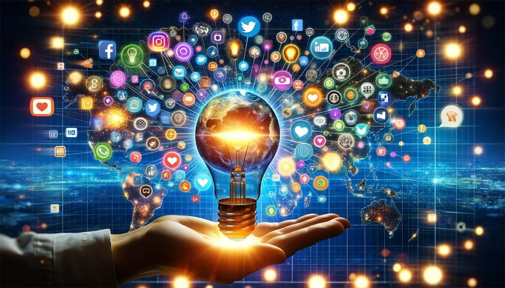 Soziale Medien Algorithmen visualisiert durch globale Vernetzung, Inhalte und Nutzerinteraktionen