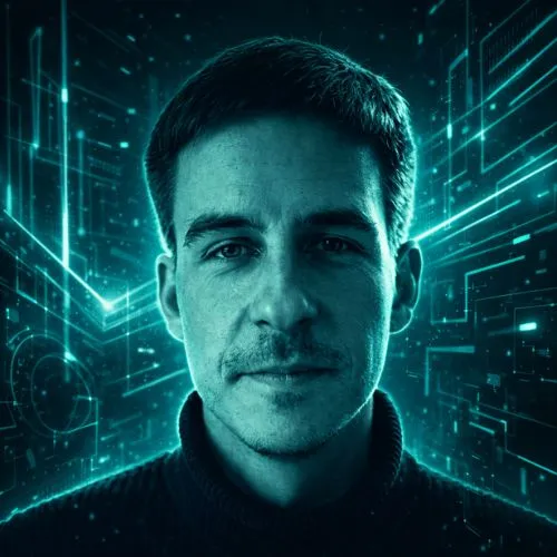 Portrait eines CEO einer Online Marketing Agentur mit digitalem Technologie-Filter und Fokus auf Prozessoptimierung