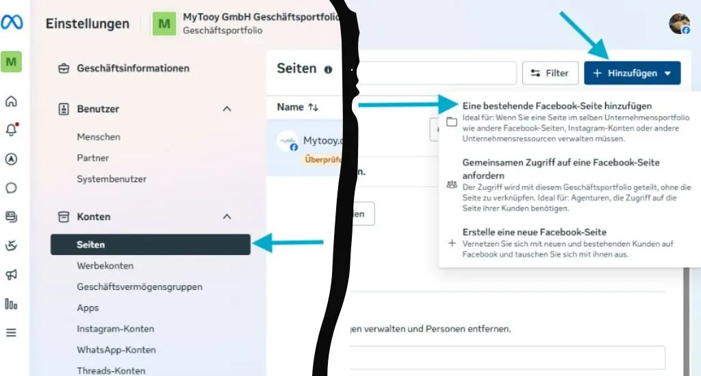 Facebook-Seite im Meta Business Manager über den Bereich Seiten hinzufügen