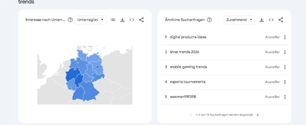 Google Trends Ansicht mit ähnlichen Suchanfragen und regionaler Verteilung in Deutschland