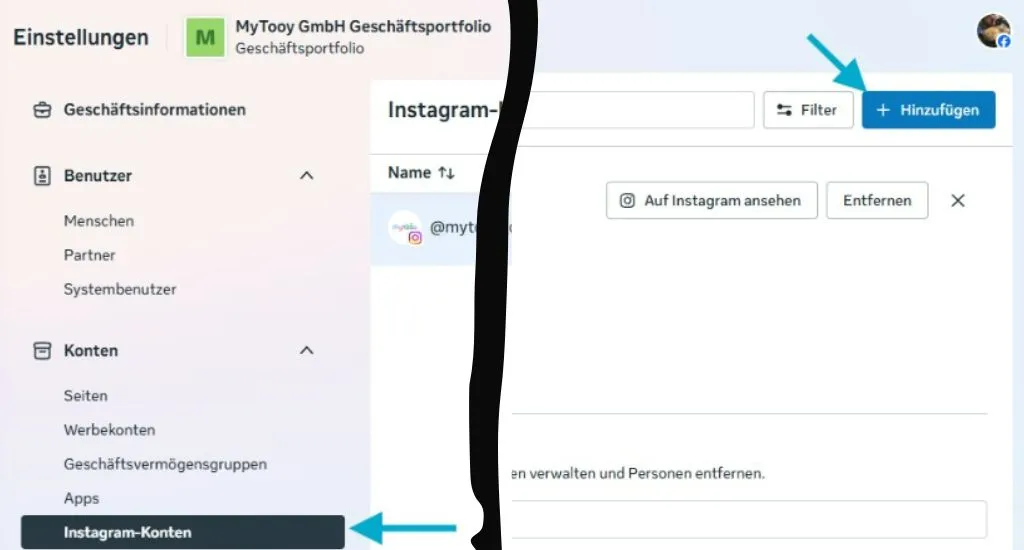 Instagram-Konto im Meta Business Manager unter Konten hinzufügen