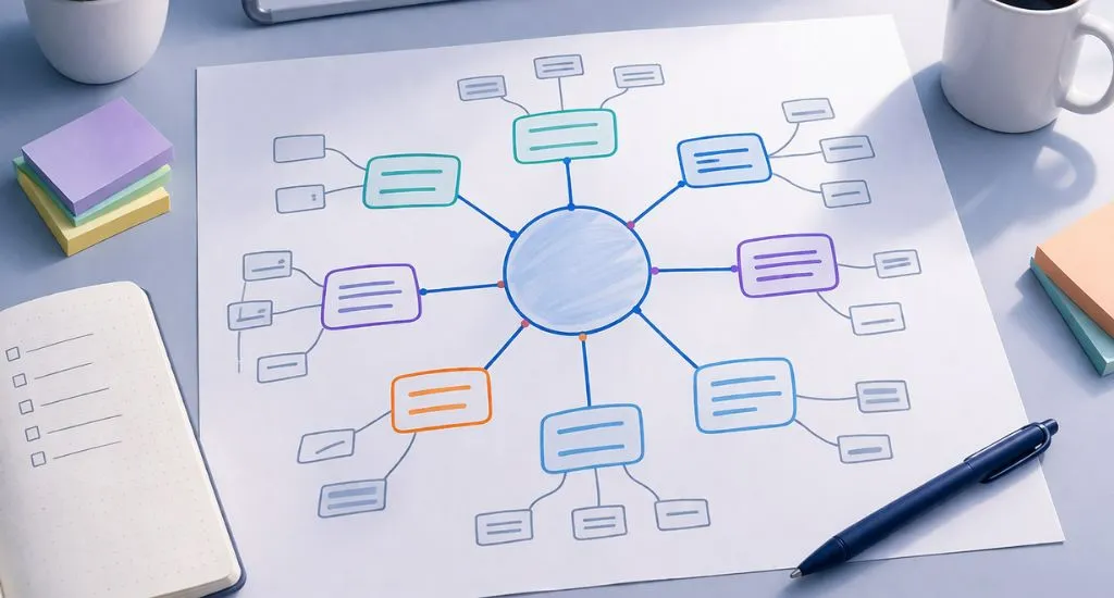 Diagramm eines Content Cluster mit zentralem Thema und vernetzten Unterthemen für KI-Suchen