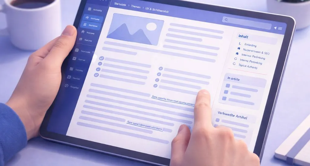 Tablet mit klar strukturierter Webseite und Navigation für bessere UX in KI-Suchen