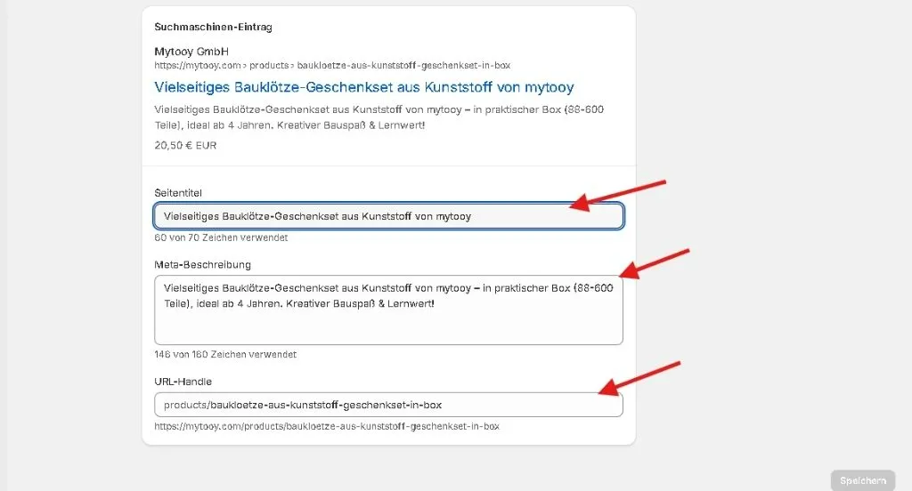 Shopify Backend zeigt Meta-Titel, Meta-Beschreibung und URL für Shopify Produkte zur SEO Optimierung