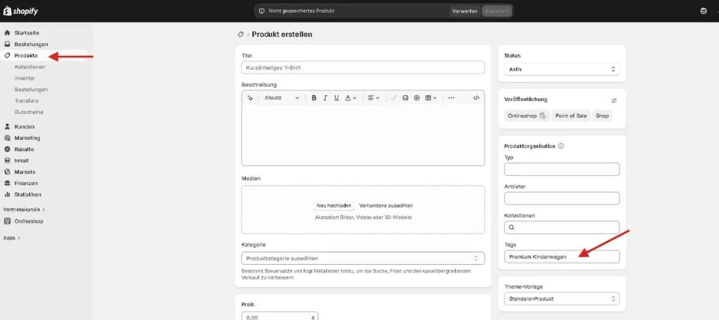 Shopify Backend zeigt Tag-basierte Bedingungen für intelligente Kollektionen von Shopify Produkte
