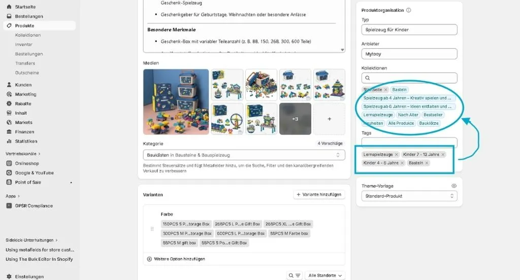 Shopify Backend zeigt Tags und Kollektionen zur Organisation von Shopify Produkte in Smart Collections