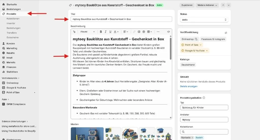 Shopify Backend zur Erstellung von Shopify Produkte mit Titel und ausführlicher Produktbeschreibung