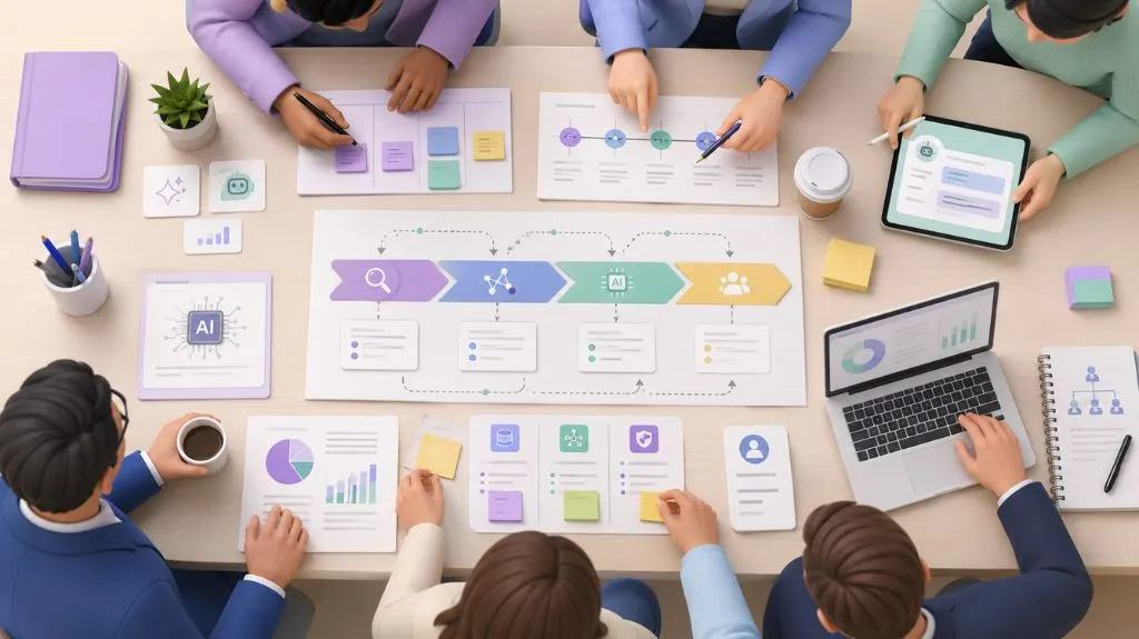 KI-Integration im Unternehmen mit Teamplanung, Prozessstruktur und digitaler Strategieübersicht