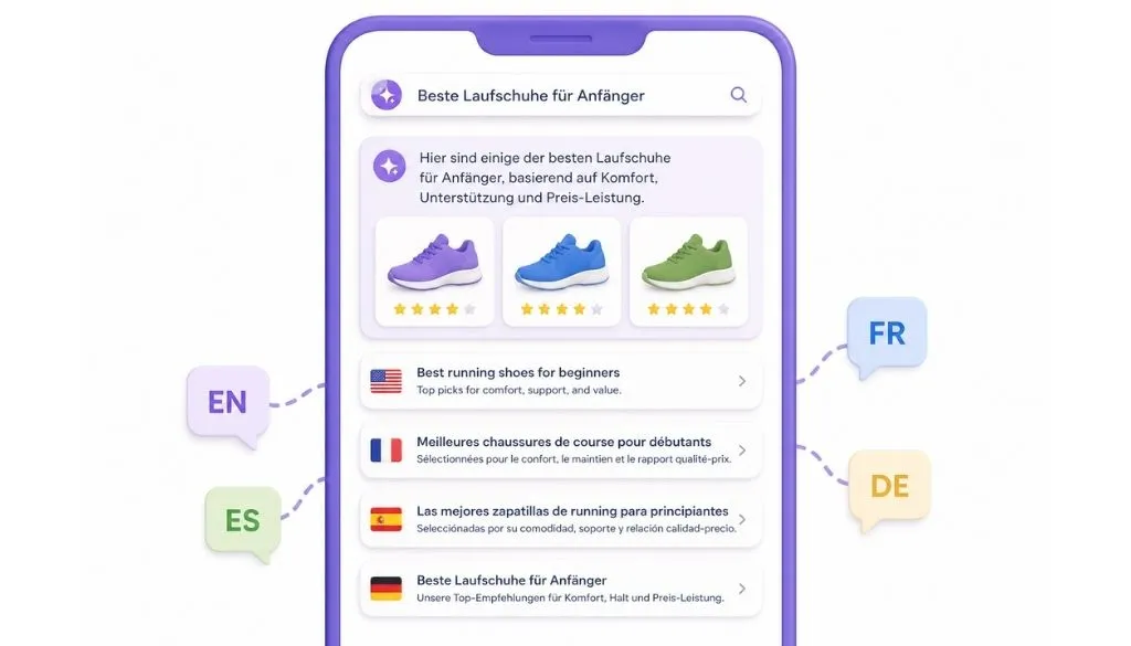 Smartphone mit KI-gestützten Suchergebnissen in mehreren Sprachen für mehrsprachige SEO