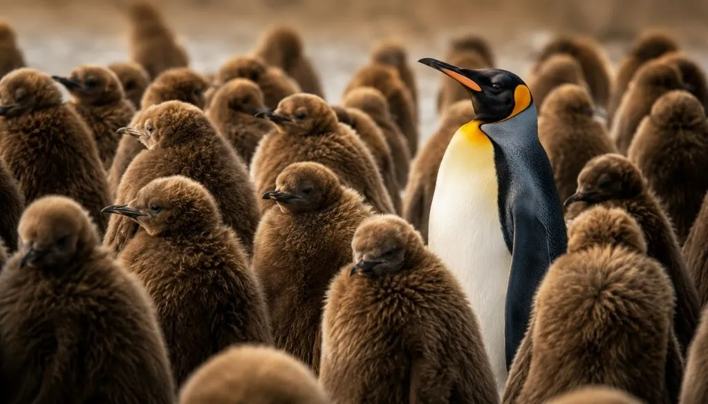 Großer Pinguin hebt sich zwischen vielen braunen Küken ab und symbolisiert Markenpositionierung durch Differenzierung.