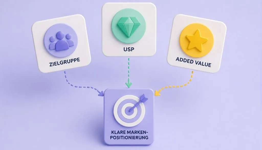 Grafik zeigt Zielgruppe, USP und Added Value als Bausteine einer klaren Markenpositionierung.
