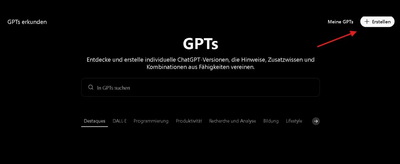GPT-Builder mit markiertem Erstellen-Button zum Start eines neuen Custom GPT