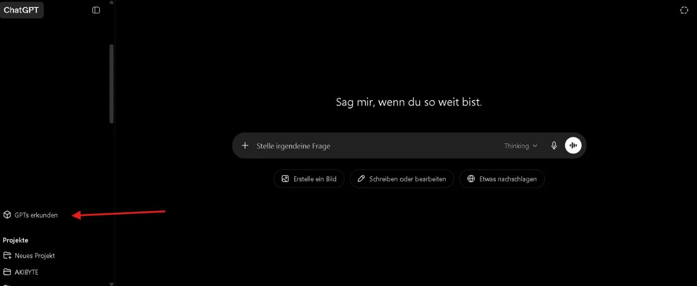ChatGPT-Menü mit Einstieg zu GPTs erkunden für die Erstellung eines Custom GPT