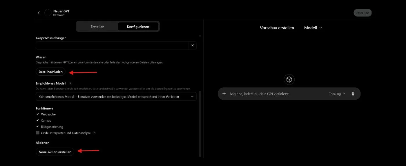 GPT-Builder mit Bereichen für Wissen, Funktionen und Aktionen eines Custom GPT