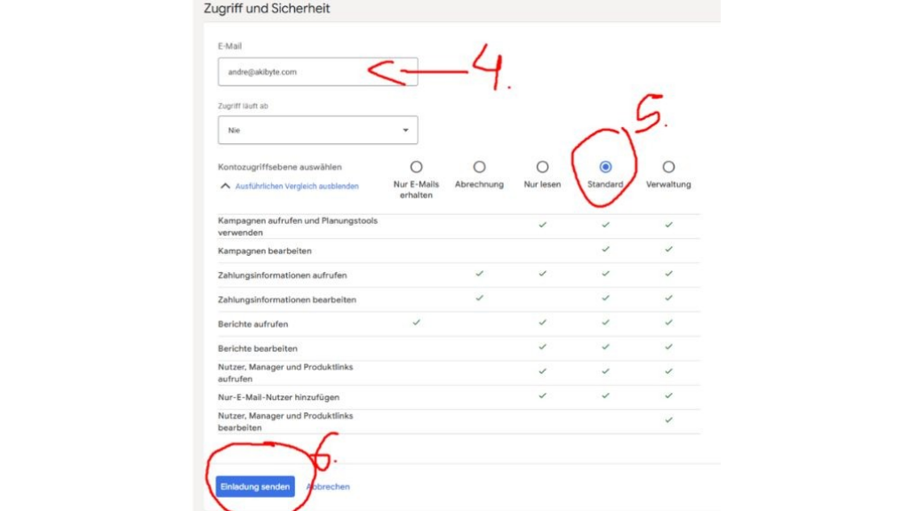 Google Ads Nutzerformular mit E-Mail, Zugriffsebene Standard und Einladung senden