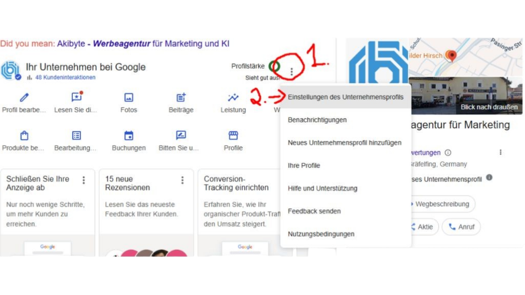 Google-Unternehmensprofil Einstellungen über das Drei-Punkte-Menü in der Google Suche öffnen