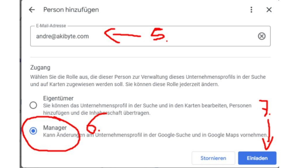 Google-Unternehmensprofil Person hinzufügen mit E-Mail-Adresse, Manager-Rolle und Einladen-Button