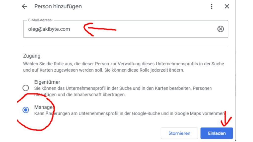 Google-Unternehmensprofil Person hinzufügen mit E-Mail-Adresse, Manager-Rolle und Einladen-Button