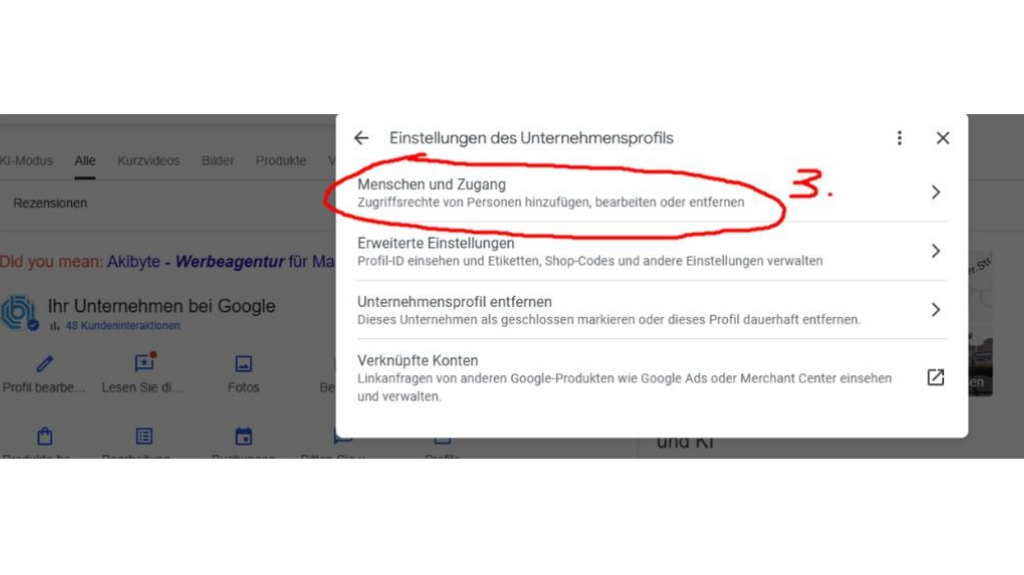 Google-Unternehmensprofil Bereich Menschen und Zugang für Zugriffsrechte öffnen