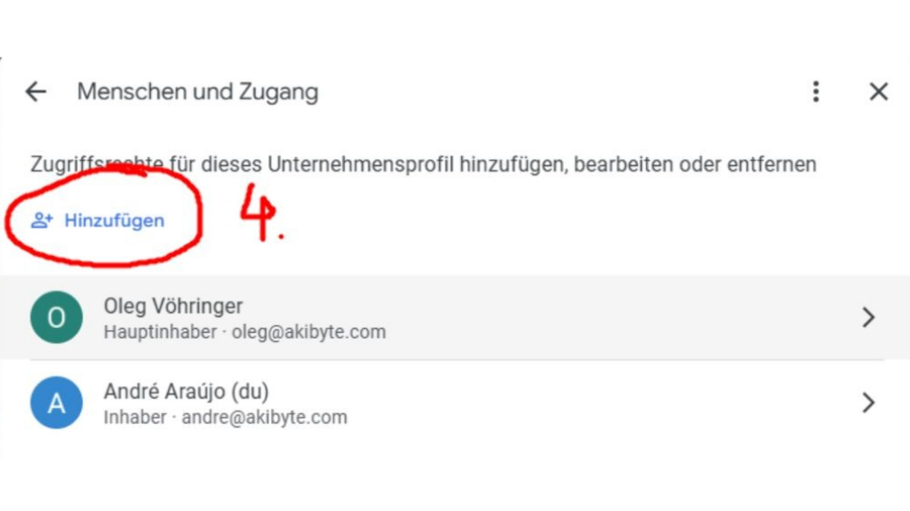 Google-Unternehmensprofil Bereich Menschen und Zugang mit markierter Schaltfläche Hinzufügen