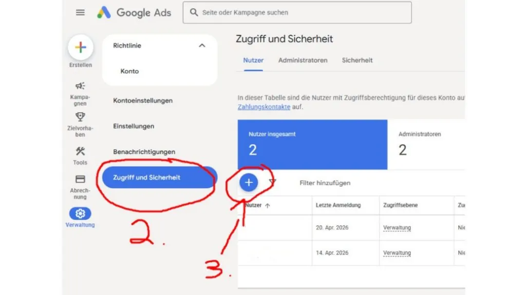 Google Ads Bereich Zugriff und Sicherheit mit markiertem Plus-Symbol für Nutzerzugriff