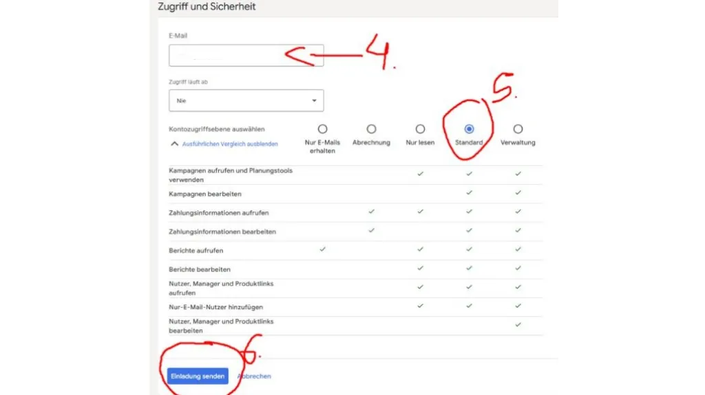 Google Ads Nutzerformular mit E-Mail, Zugriffsebene Standard und Einladung senden