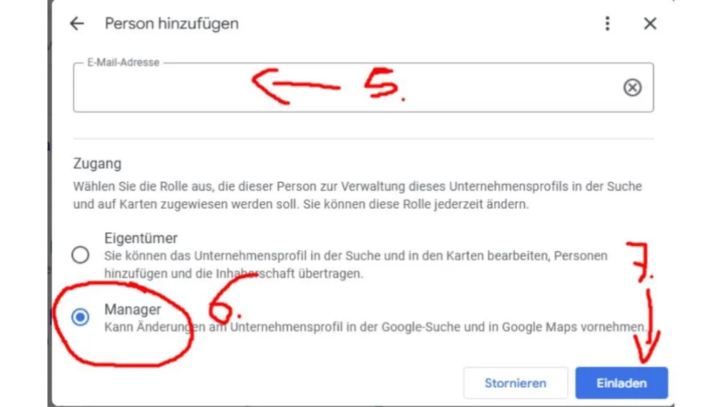 Google-Unternehmensprofil Person hinzufügen mit E-Mail-Adresse, Manager-Rolle und Einladen-Button