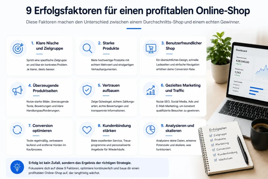 Infografik mit neun Erfolgsfaktoren für einen profitablen Online-Shop wie Zielgruppe, Produktseiten, Vertrauen, Marketing, Conversion und Skalierung.