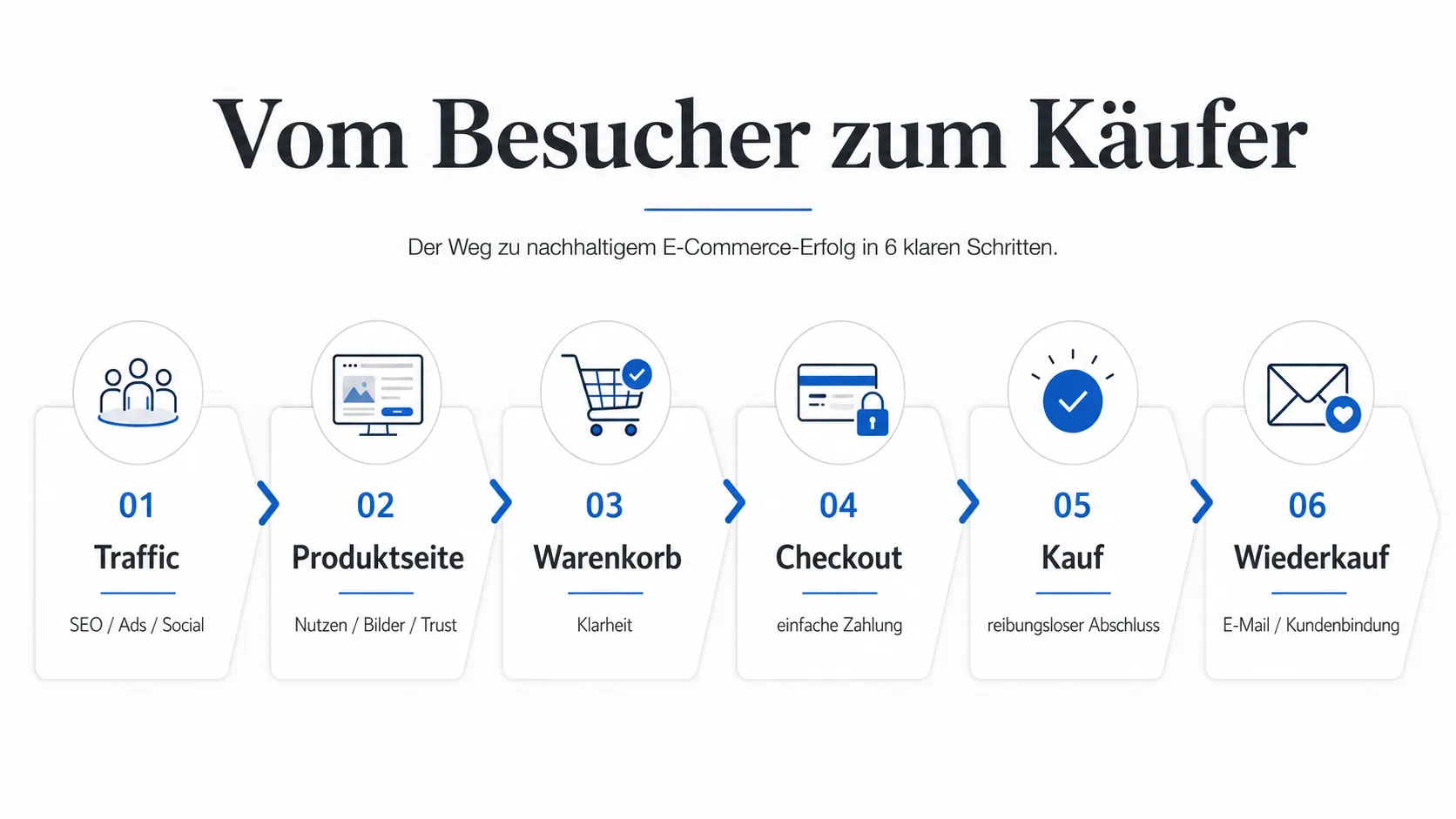 Funnel-Grafik vom Besucher zum Käufer mit den Schritten Traffic, Produktseite, Warenkorb, Checkout, Kauf und Wiederkauf.