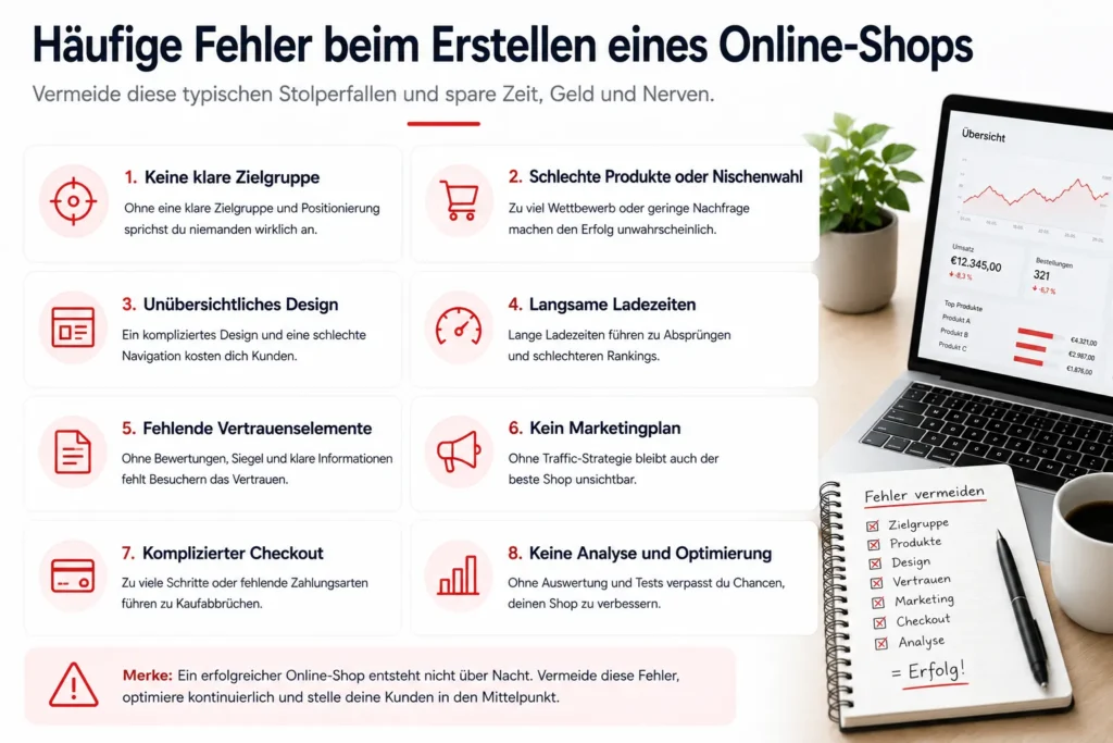 Infografik mit häufigen Fehlern beim Erstellen eines Online-Shops wie unklare Zielgruppe, schlechte Produkte, langsame Ladezeiten, fehlendes Vertrauen und komplizierter Checkout.