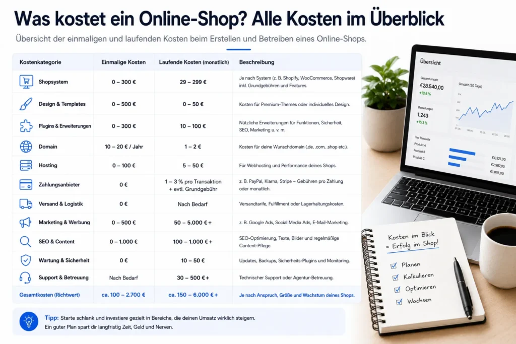 Infografik mit einer Kosten-Tabelle für das Erstellen und Betreiben eines Online-Shops inklusive Shopsystem, Design, Plugins, Domain, Hosting, Zahlungsanbieter, Marketing, SEO und Support.