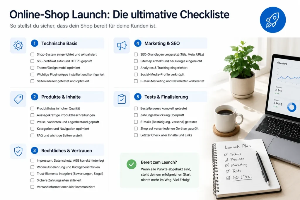 Checkliste für den Launch eines Online-Shops mit technischen, rechtlichen, SEO-, Tracking- und Testpunkten vor der Veröffentlichung.