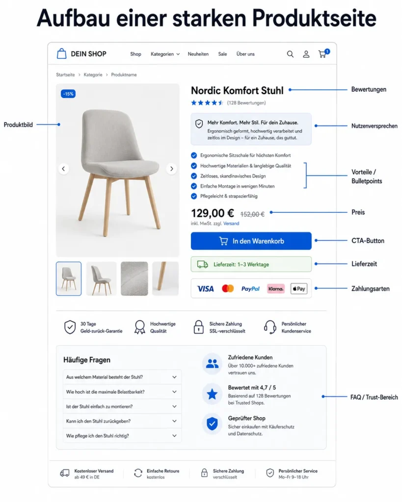 Schematische Darstellung einer starken Produktseite mit Produktbild, Nutzenversprechen, Bewertungen, CTA, Lieferzeit, Zahlungsarten und Trust-Bereich.