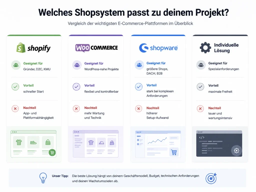 Vergleichsgrafik der Shopsysteme Shopify, WooCommerce, Shopware und individuelle Lösung mit Einsatzbereichen, Vorteilen und Nachteilen.