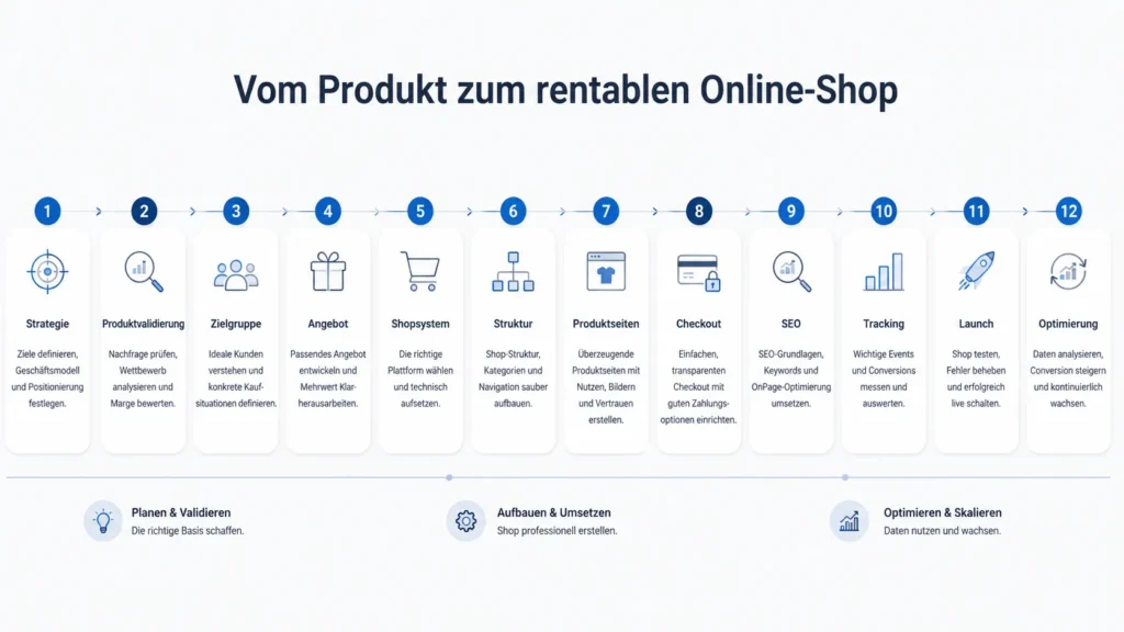 Prozessgrafik zum Erstellen eines Online-Shops von Strategie über Produktvalidierung bis Launch und Optimierung.