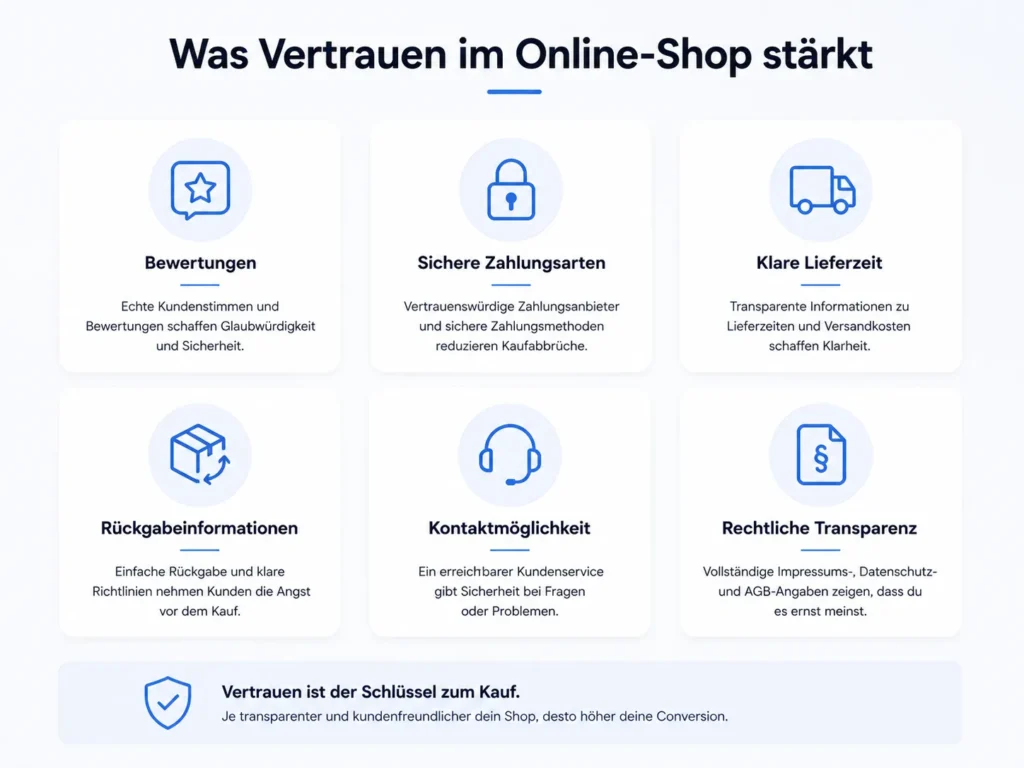 Infografik mit wichtigen Trust-Elementen für Online-Shops wie Bewertungen, sichere Zahlungsarten, Lieferzeit, Rückgabe, Kontakt und rechtliche Transparenz.